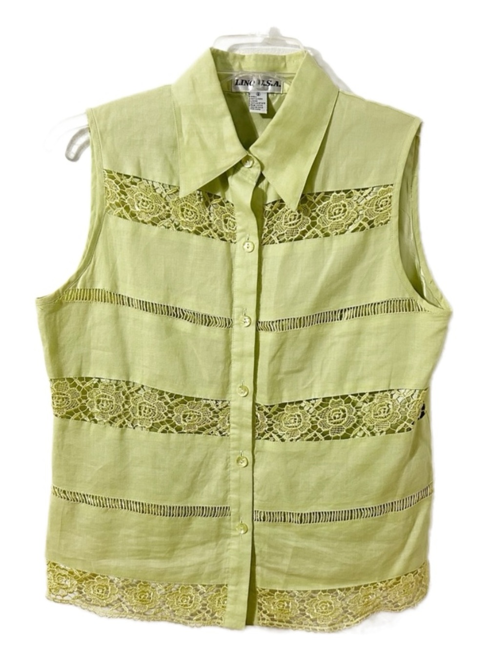 Vintage LINO U.S.A. Lime Green Linen Sleeveless Lace Button Front Top Women’s S